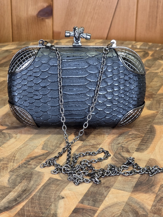 Handbags - Metallic Black Python-Texture Evening Clutch